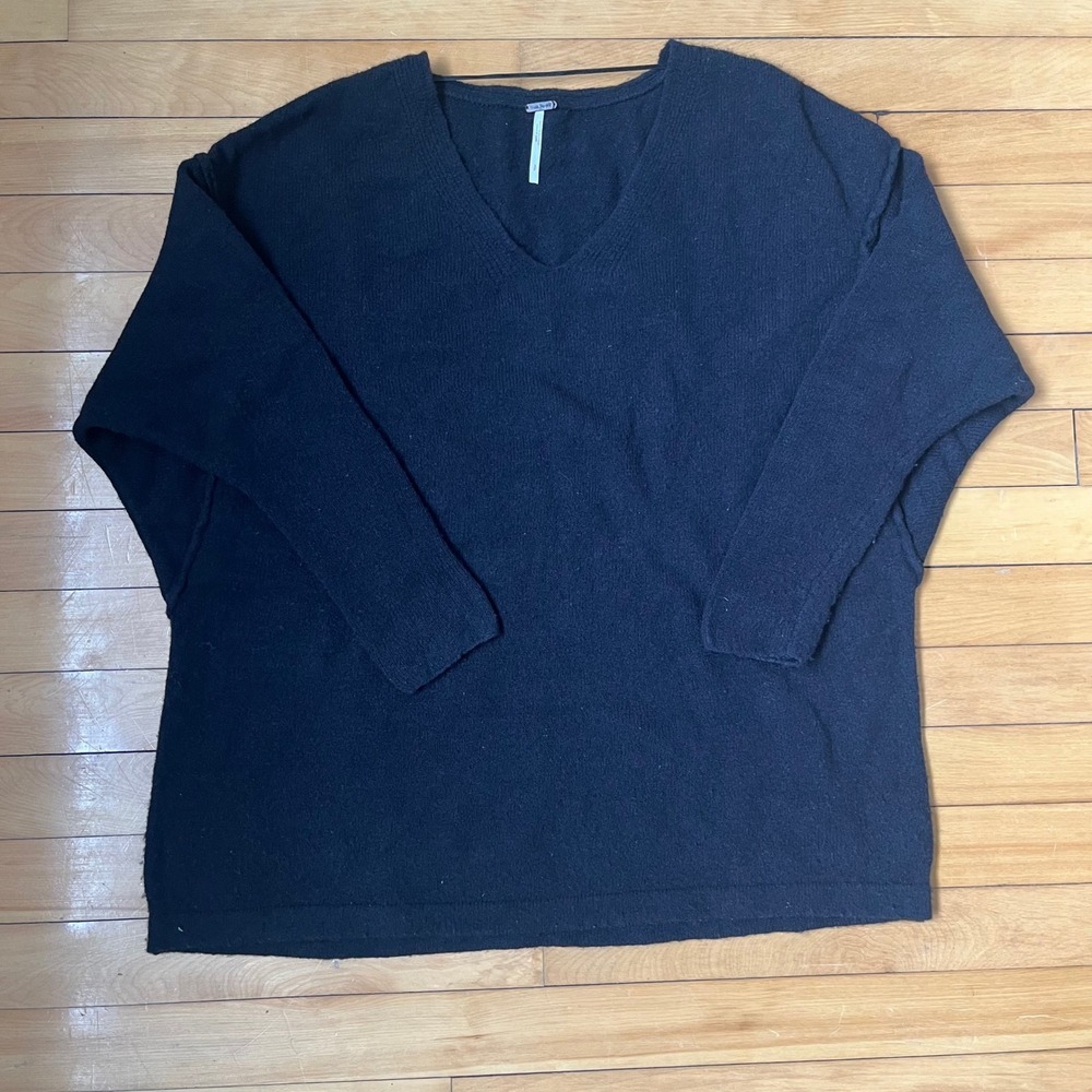 Free People Black Wool Yak Blend Oversized V-Neck Sweater Small OB906847